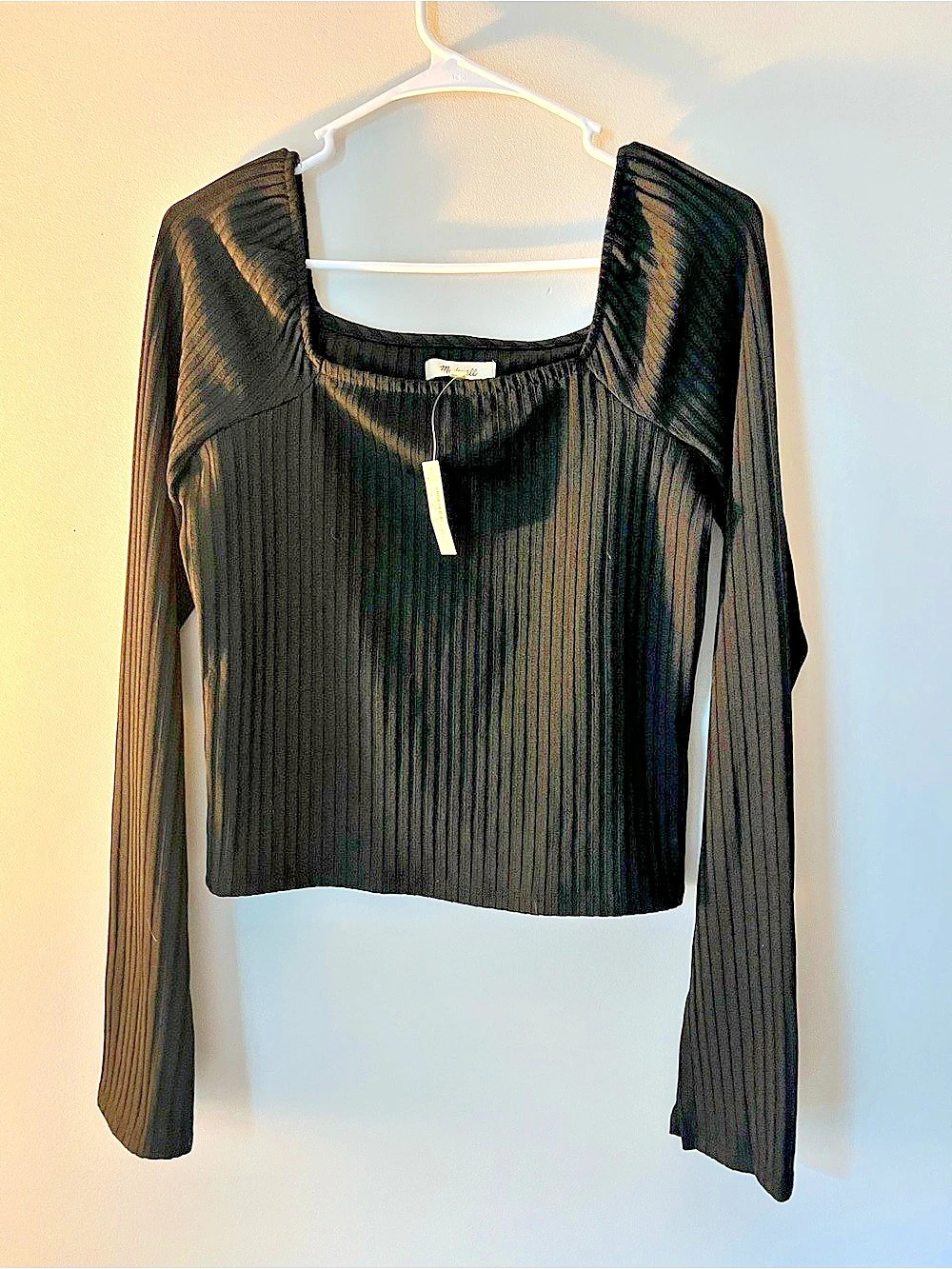 Madewell Ribbed Square-Neck Long-Sleeve Tee Black Large NWT